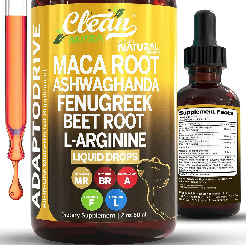 Organic Maca Root Liquid Drops with Ashwagandha,Fenugreek,Beet Root and L- Arginine Liguid Multivitamin for Women and Men Adapto Drive Supplement
