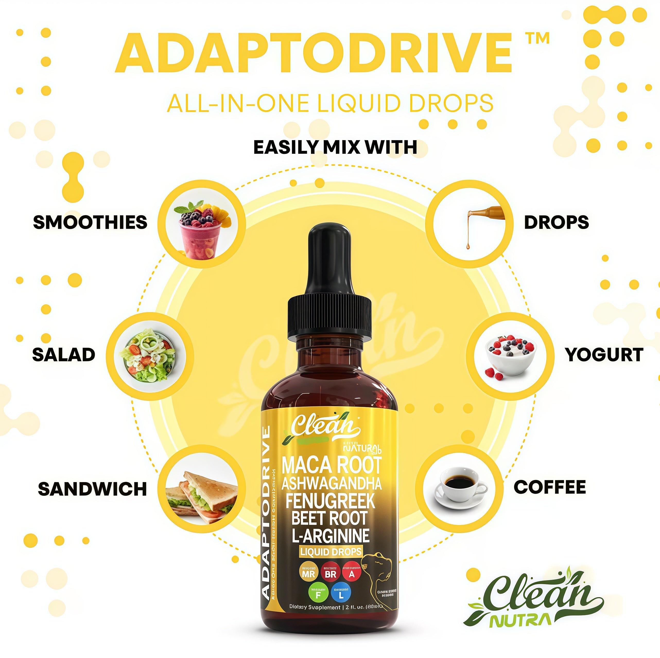 Organic Maca Root Liquid Drops with Ashwagandha,Fenugreek,Beet Root and L- Arginine Liguid Multivitamin for Women and Men Adapto Drive Supplement