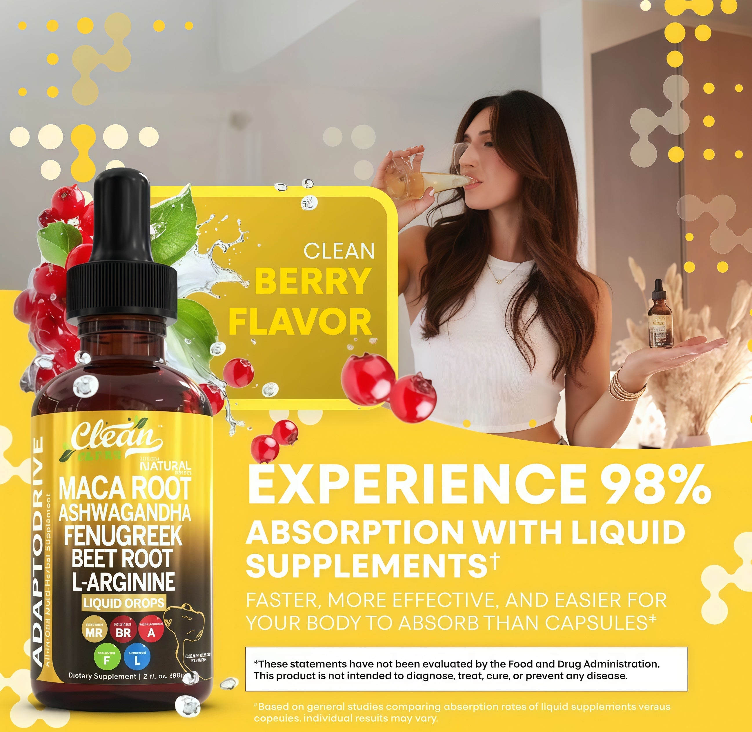 Organic Maca Root Liquid Drops with Ashwagandha,Fenugreek,Beet Root and L- Arginine Liguid Multivitamin for Women and Men Adapto Drive Supplement