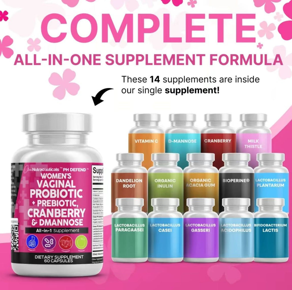 Clean Nutral PH Defend Probiotics for Women Balance with Prebiotics Cranberry Dmannose Healthy Odor and Tract Support Made in USA Pills Supplement