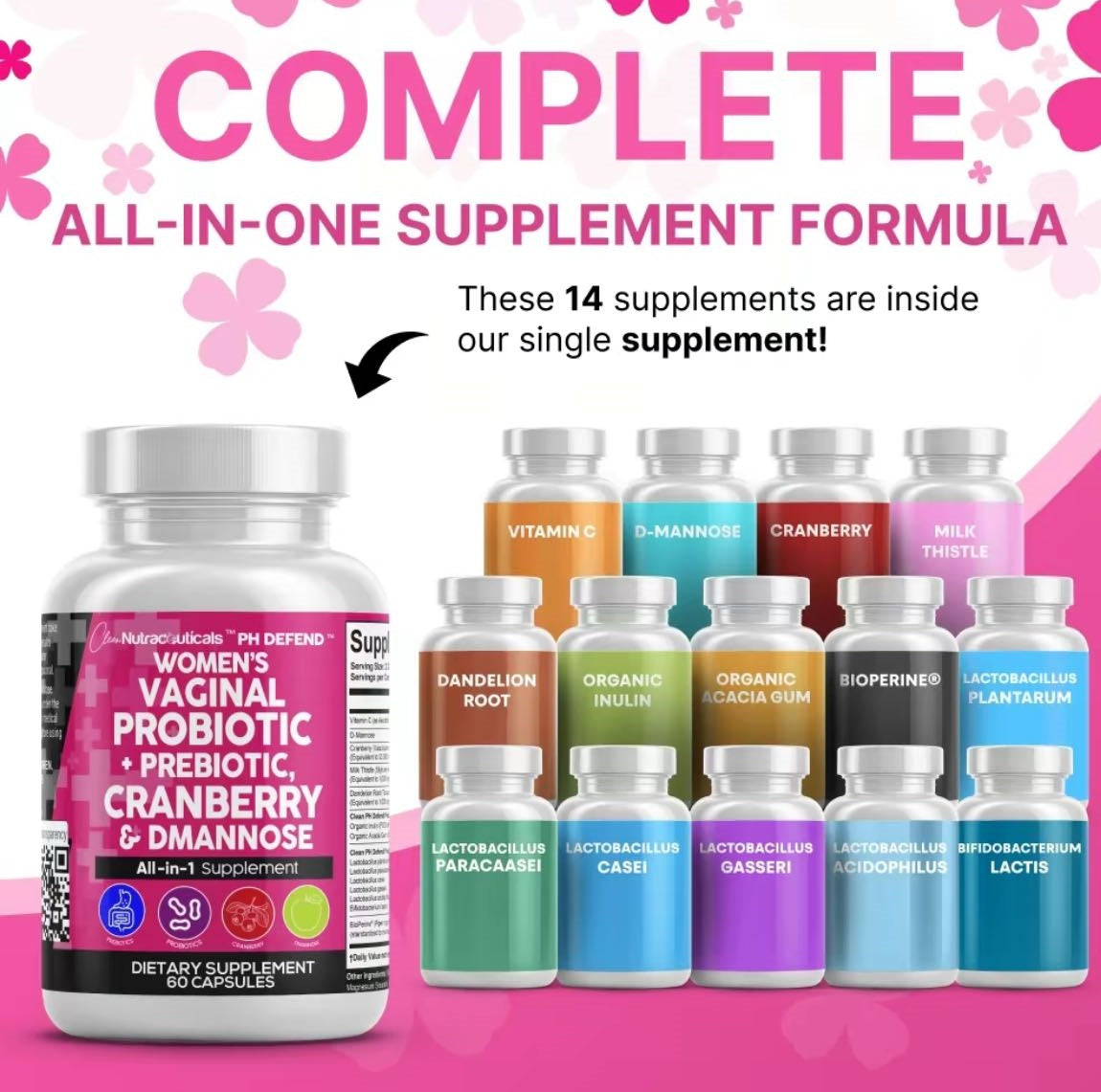 Clean Nutral PH Defend Probiotics for Women Balance with Prebiotics Cranberry Dmannose Healthy Odor and Tract Support Made in USA Pills Supplement