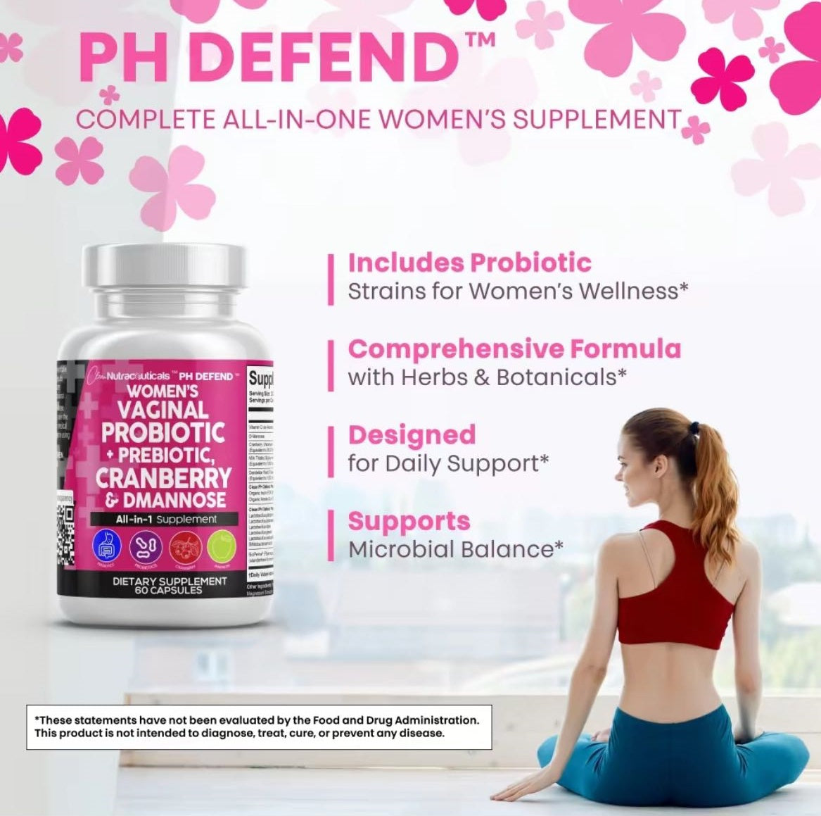 Clean Nutral PH Defend Probiotics for Women Balance with Prebiotics Cranberry Dmannose Healthy Odor and Tract Support Made in USA Pills Supplement