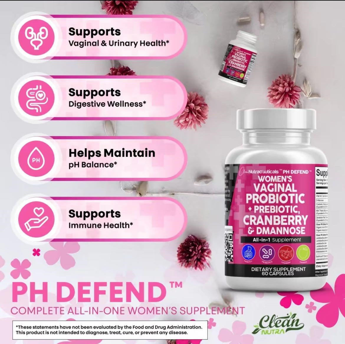 Clean Nutral PH Defend Probiotics for Women Balance with Prebiotics Cranberry Dmannose Healthy Odor and Tract Support Made in USA Pills Supplement