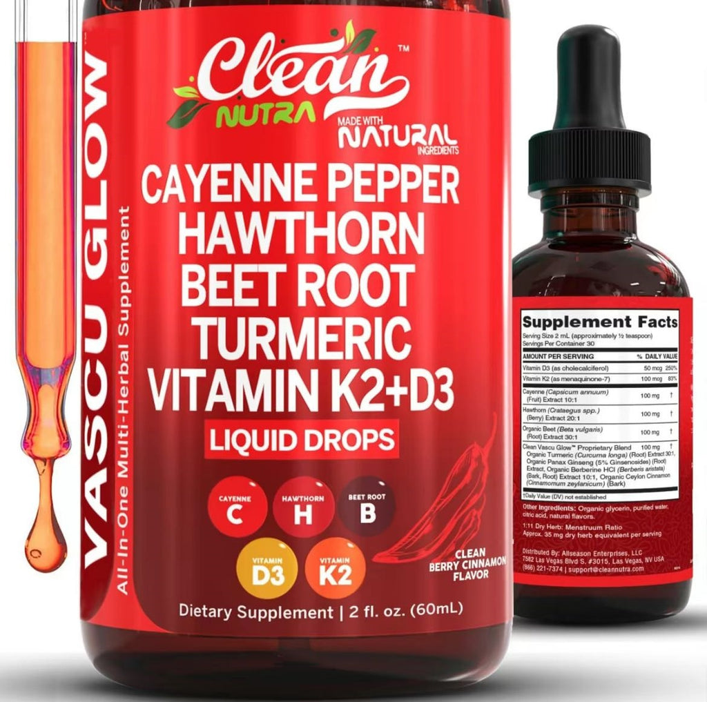 Cayenne Pepper Supplement Liquid Drops +Hawthorn Berry, Vitamin D3 K2 Organic Beet RootPowder, Ceylon Cinnamon, Turmeric Curcumin,Panax Ginseng