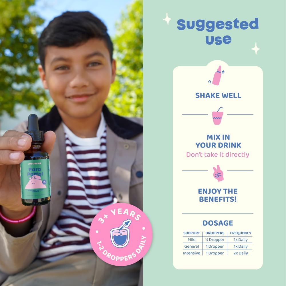 JoySpring ParaPatrol Kids’ Herbal Blend – Alcohol-Free Liquid Supplement with Black Walnut and Wormwood Extract | Supports Digestive Health | Natural Raspberry Flavor – 30 Servings
