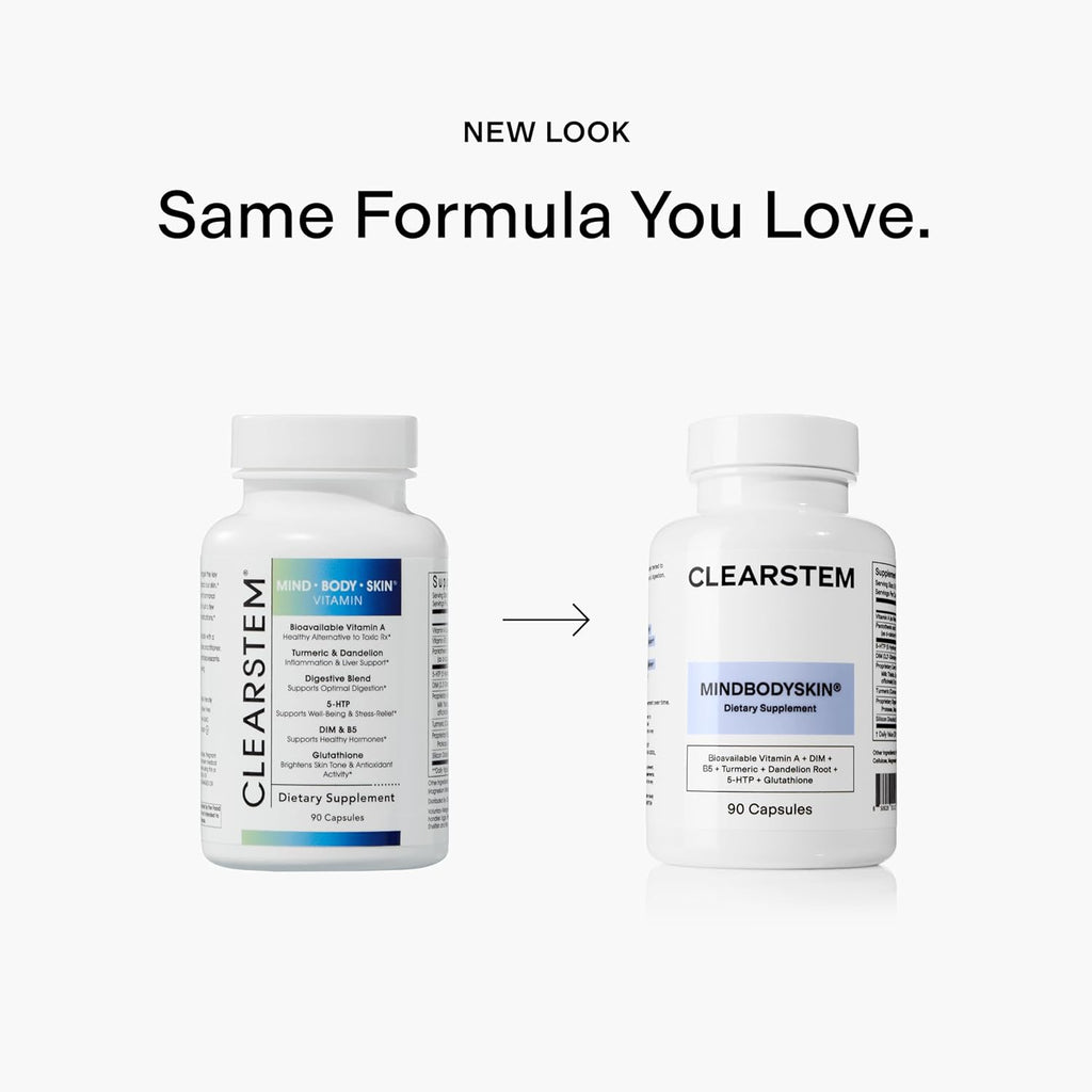 CLEARSTEM - MINDBODYSKIN Hormonal Acne Supplement (5-HTP) - Natural DIM Supplement - Skin Care Vitamins - Hormone Balance, Antioxidants - Gluten Free, Cruelty Free - 30 Servings, 90 Capsules