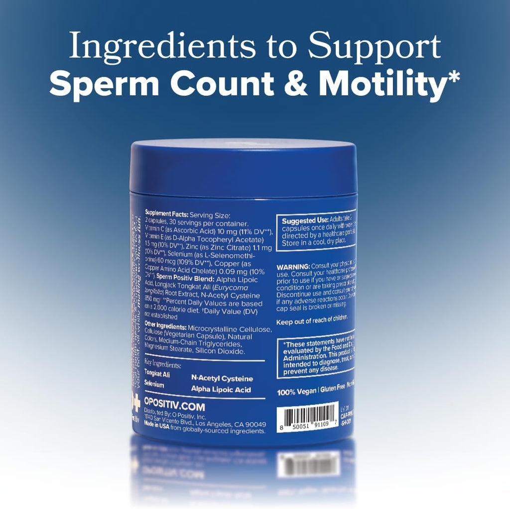 O Positiv Preggo Sperm Health Capsules for Men - OBGYN-Formulated for Improved Sperm Count & Motility with Tongkat Ali, NAC, Alpha Lipoic Acid – Male Reproductive Health, 60 Count (Pack of 1)