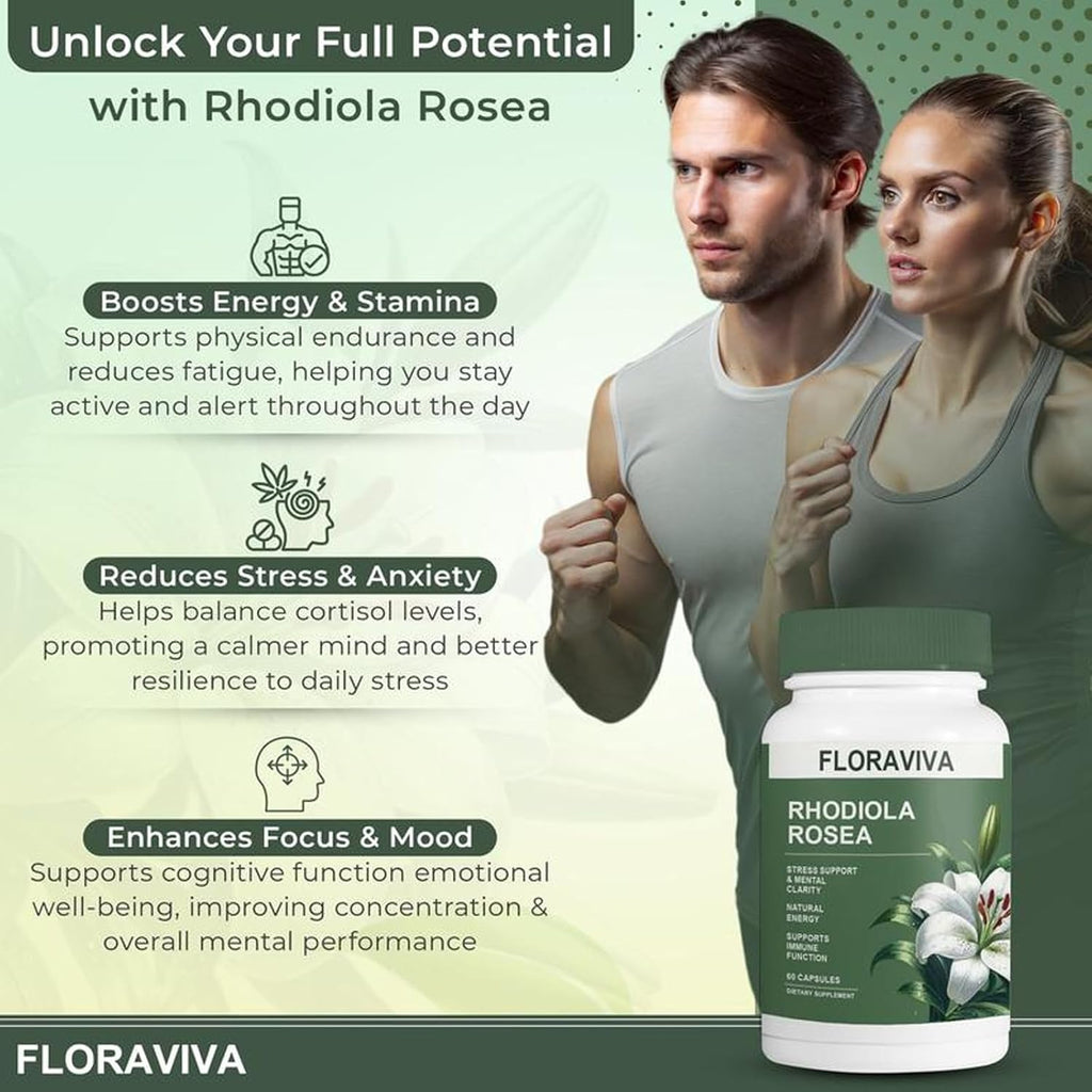 Floraviva Rhodiola Rosea Capsules 500mg - Natural Adaptogen Supplement for Stress Support, Mental Focus & Energy - Non-GMO