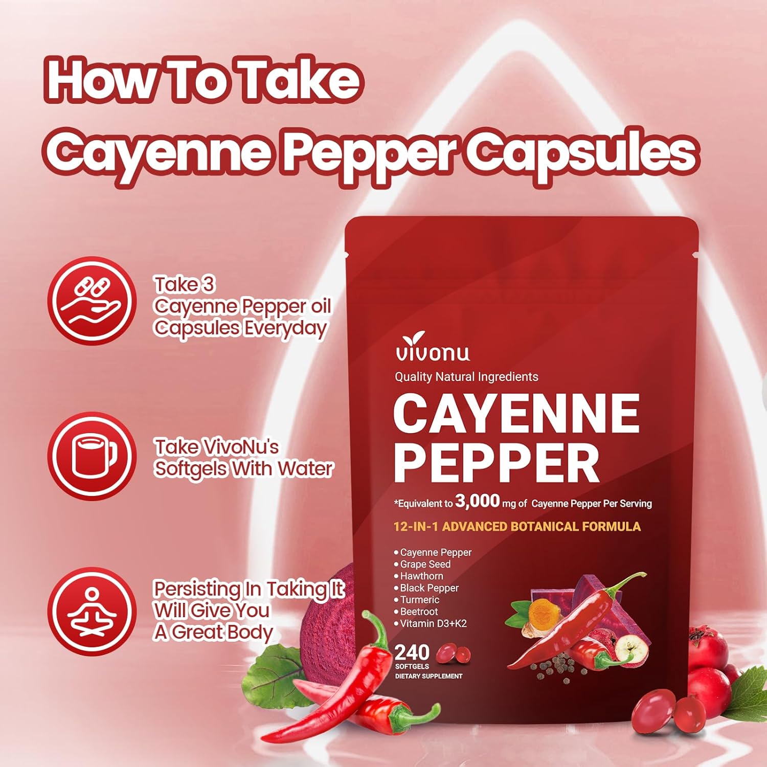 Cayenne Pepper Softgels Supplement, Supports Leg Vein, Heart and Blood Vessel Health, with Vitamin E D3+K2 and Extracts of Grape Seed, Hawthorn, Beetroot, Berberine and Others(240 Softgels/1 Bag)