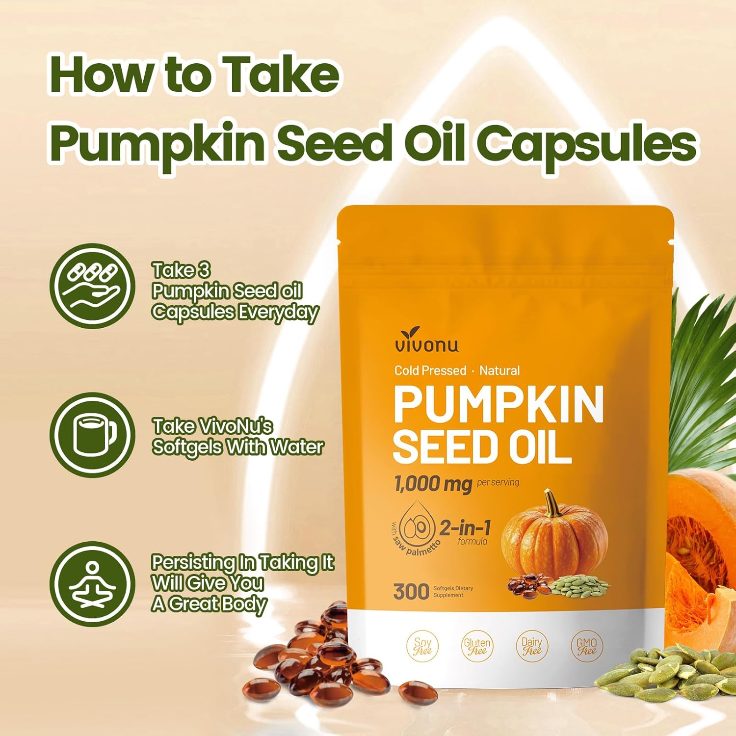 Pumpkin Seed Oil with Saw Palmetto Capsules | Cold Pressed, Pure Virgin Oil, Essential Fatty Acids & Phytosterols | 300 SoftgelsSupports Hair, Urinary, Bladder & Prostate Health | Non-GMO