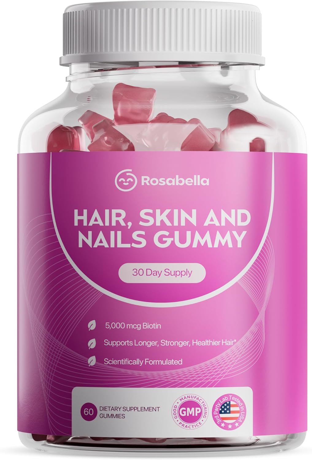 Rosabella Hair Growth Gummies for Women & Men – Vegan Hair Gummies with 5000mcg Biotin – Hair Vitamins for Strong, Healthy-Looking Hair – Gummy Biotin Supplement – 60 Count