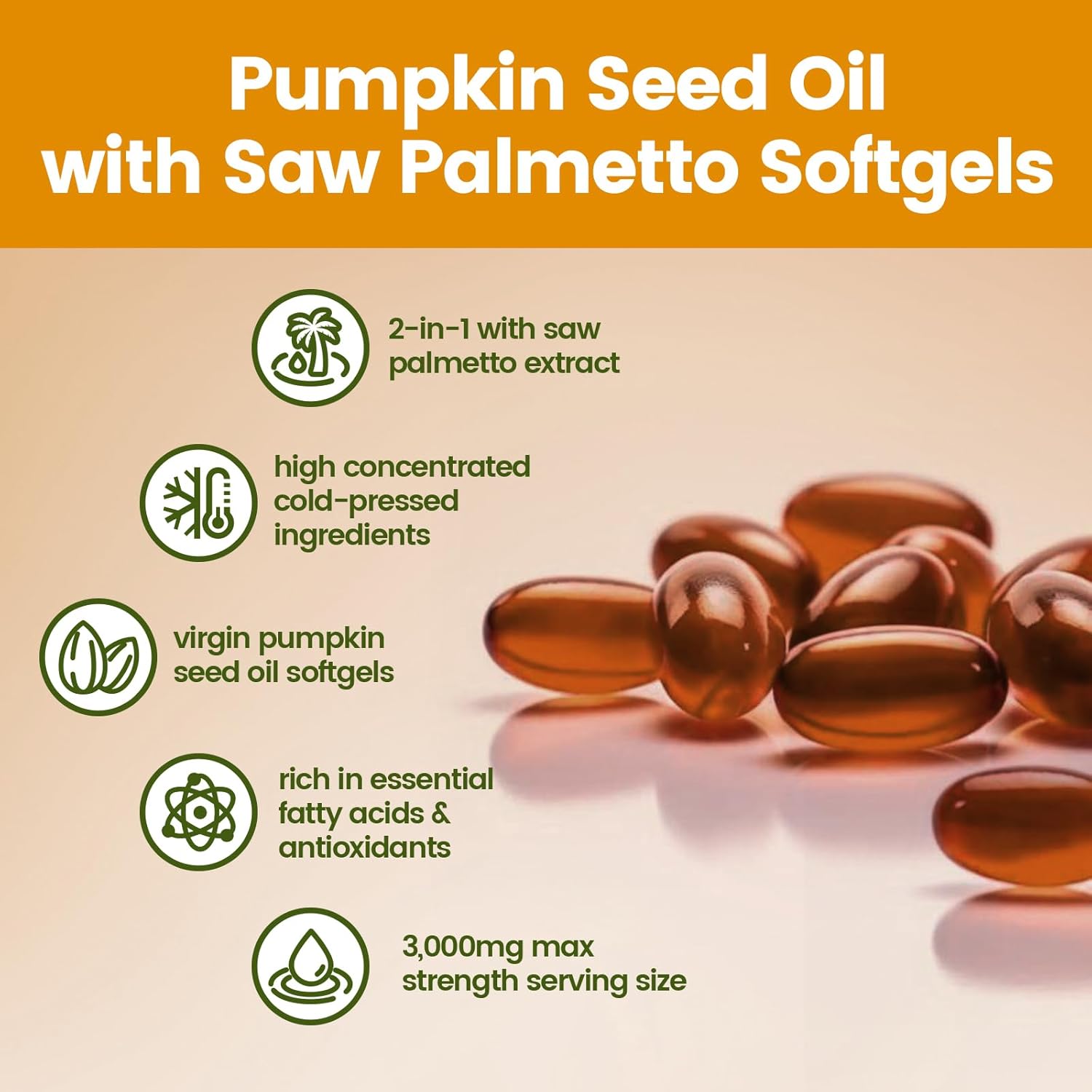Pumpkin Seed Oil with Saw Palmetto Capsules | Cold Pressed, Pure Virgin Oil, Essential Fatty Acids & Phytosterols | 300 SoftgelsSupports Hair, Urinary, Bladder & Prostate Health | Non-GMO