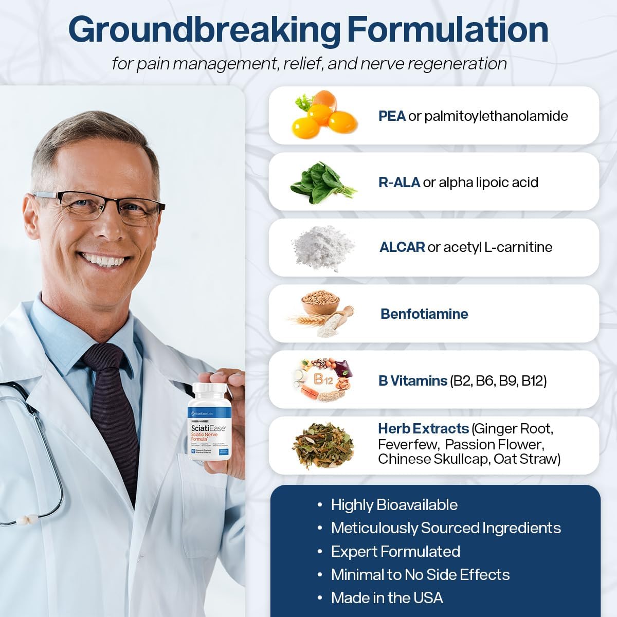 SciatiEase Sciatic Nerve Health Support Supplement - Nerve Support Formula with AlphaPalm, Pea, Vitamin B Complex, Alpha Lipoic Acid 300mg - 120 Capsules