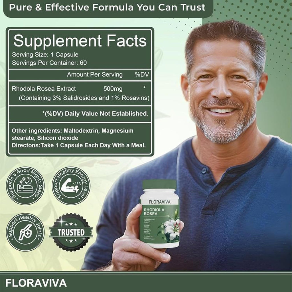 Floraviva Rhodiola Rosea Capsules 500mg - Natural Adaptogen Supplement for Stress Support, Mental Focus & Energy - Non-GMO