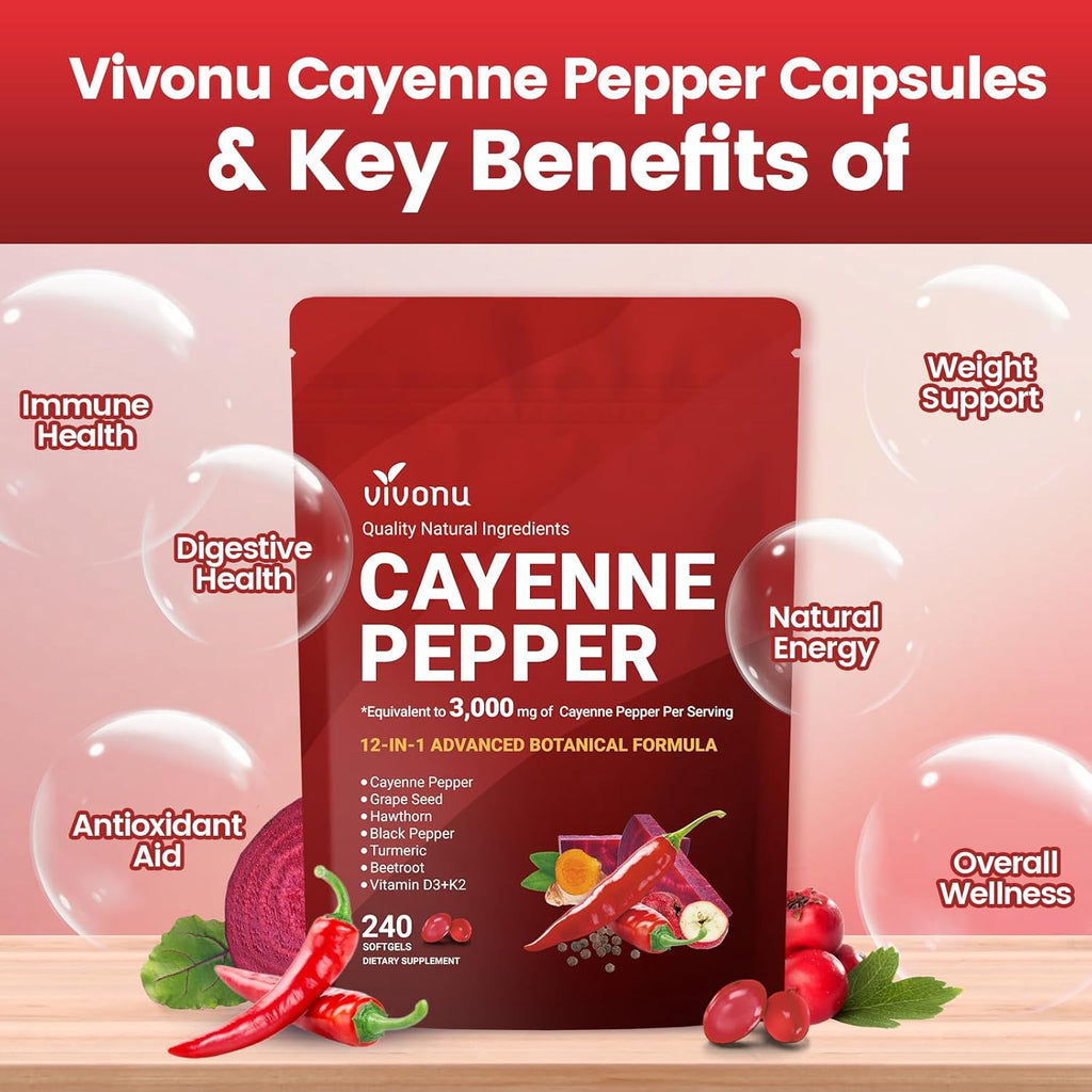 Cayenne Pepper Softgels Supplement, Supports Leg Vein, Heart and Blood Vessel Health, with Vitamin E D3+K2 and Extracts of Grape Seed, Hawthorn, Beetroot, Berberine and Others(240 Softgels/1 Bag)