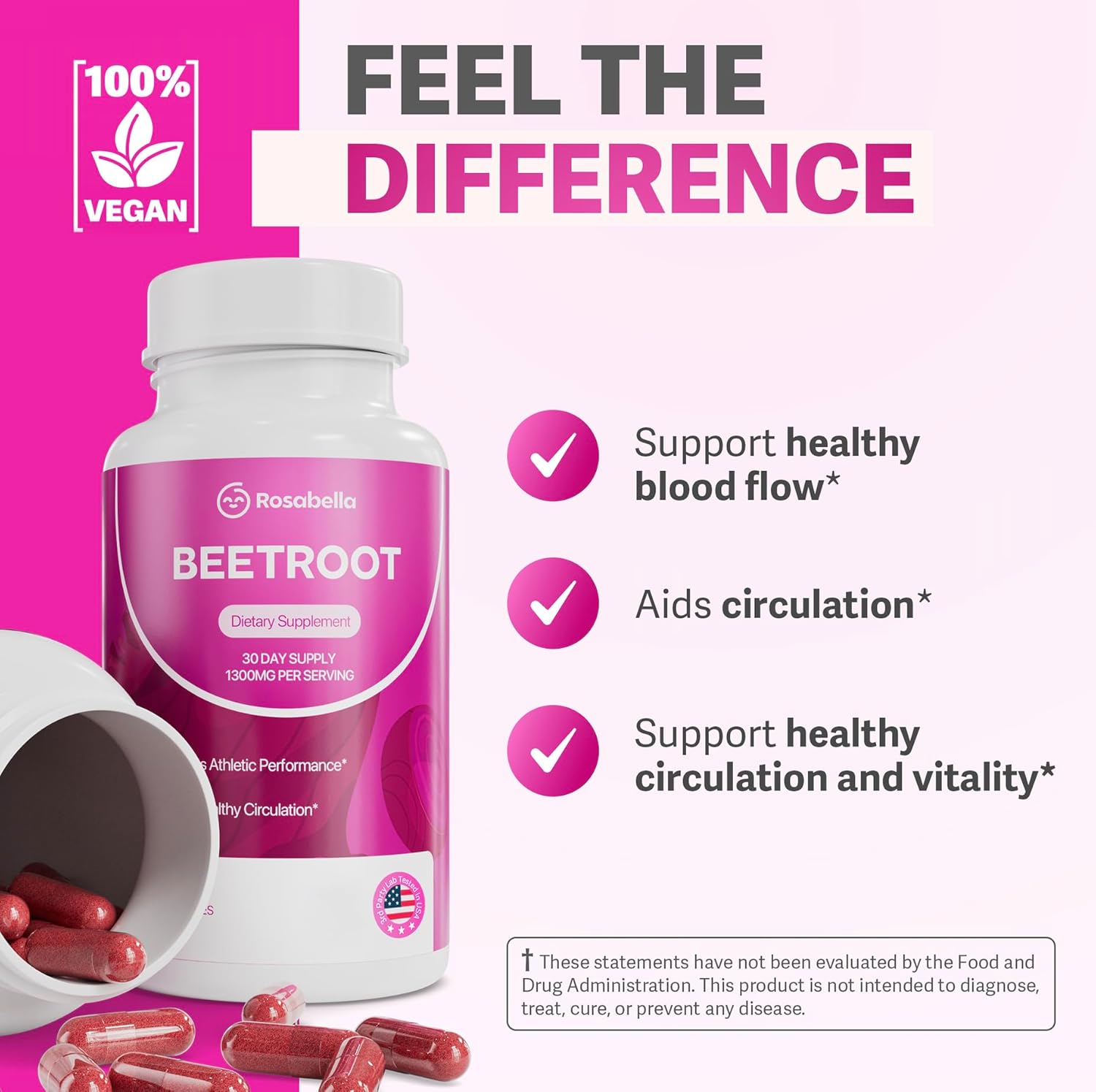 Rosabella Organic Beet Root Capsules - 1300mg Beet Root Powder Aids Healthy Circulation & Vitality, Non-GMO, Beet Root Supplement - 60 Capsules, 30-Day Supply