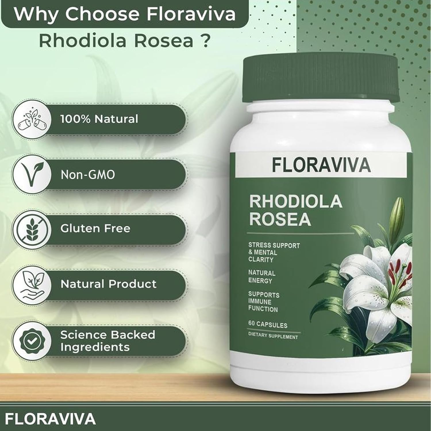 Floraviva Rhodiola Rosea Capsules 500mg - Natural Adaptogen Supplement for Stress Support, Mental Focus & Energy - Non-GMO
