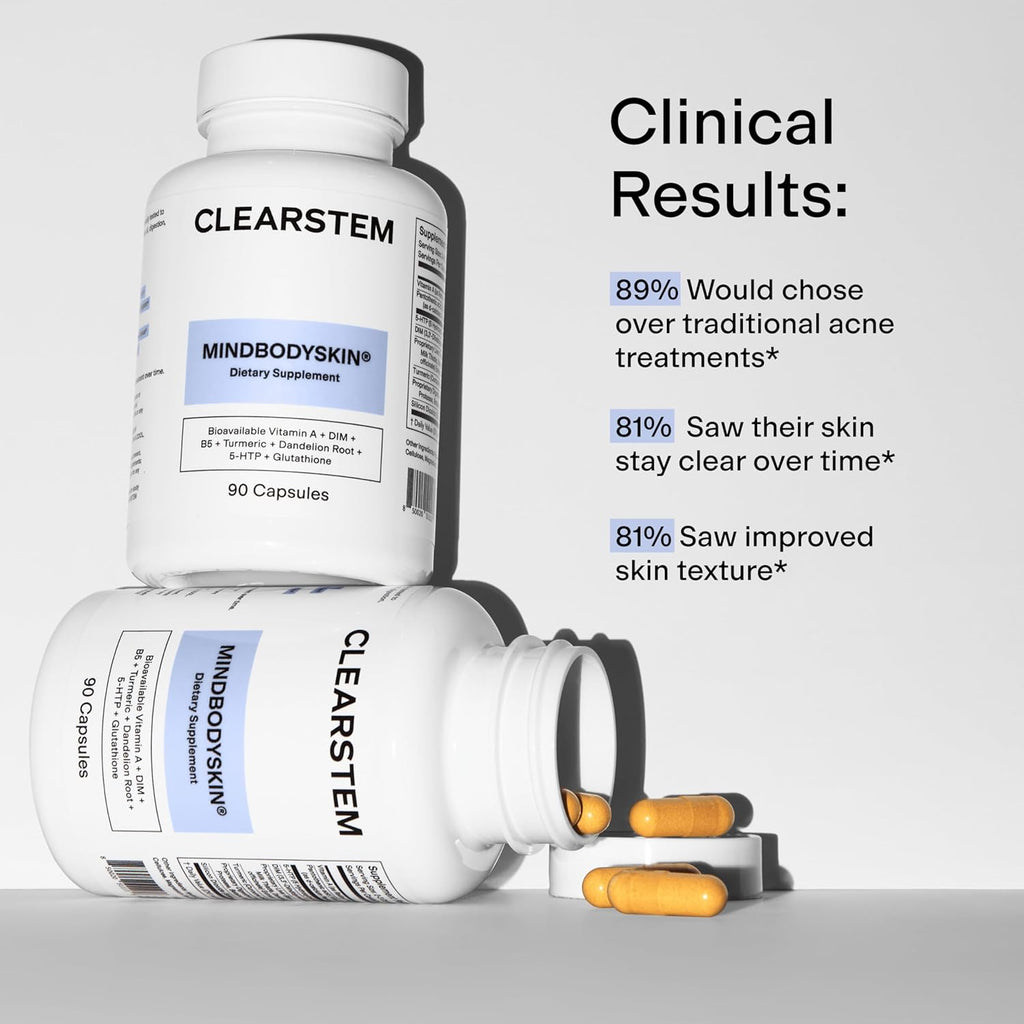 CLEARSTEM - MINDBODYSKIN Hormonal Acne Supplement (5-HTP) - Natural DIM Supplement - Skin Care Vitamins - Hormone Balance, Antioxidants - Gluten Free, Cruelty Free - 30 Servings, 90 Capsules