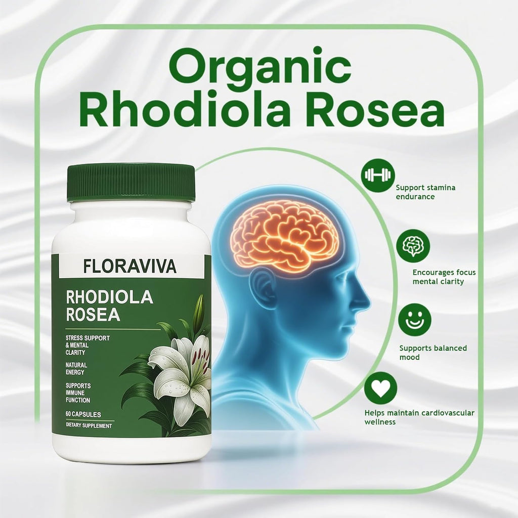 Floraviva Rhodiola Rosea Capsules 500mg - Natural Adaptogen Supplement for Stress Support, Mental Focus & Energy - Non-GMO