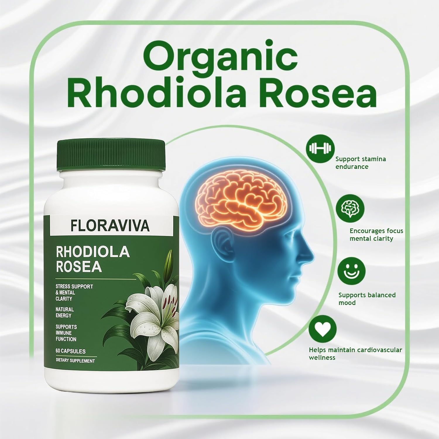 Floraviva Rhodiola Rosea Capsules 500mg - Natural Adaptogen Supplement for Stress Support, Mental Focus & Energy - Non-GMO
