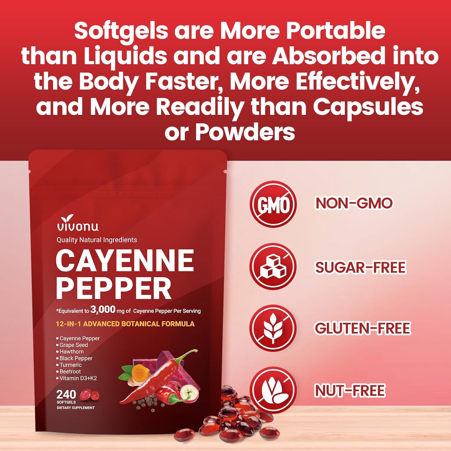 Cayenne Pepper Softgels Supplement, Supports Leg Vein, Heart and Blood Vessel Health, with Vitamin E D3+K2 and Extracts of Grape Seed, Hawthorn, Beetroot, Berberine and Others(240 Softgels/1 Bag)