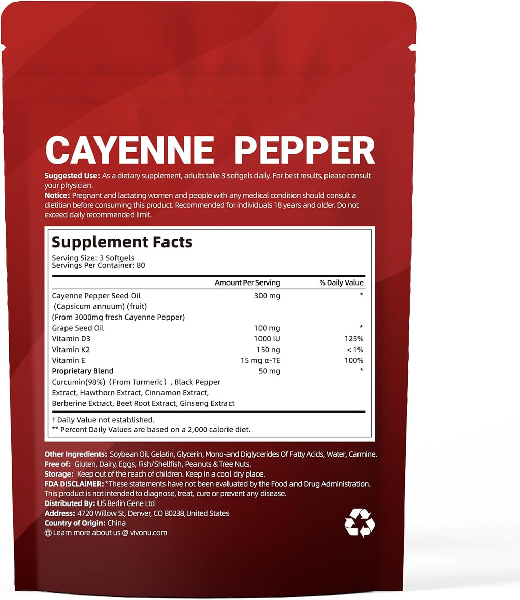 Cayenne Pepper Softgels Supplement, Supports Leg Vein, Heart and Blood Vessel Health, with Vitamin E D3+K2 and Extracts of Grape Seed, Hawthorn, Beetroot, Berberine and Others(240 Softgels/1 Bag)