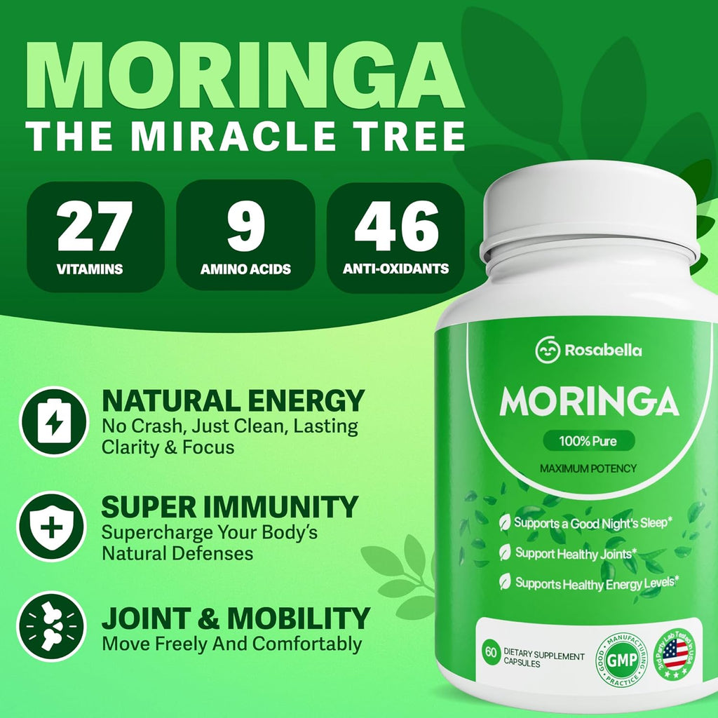 Rosabella Moringa Capsules - Pure Moringa Powder, Energy, Skin, Immune & Gut Health Superfood, Rich in Antioxidants, Essential Vitamins & Amino Acids, Natural Green Superfood Supplement - 60 Count
