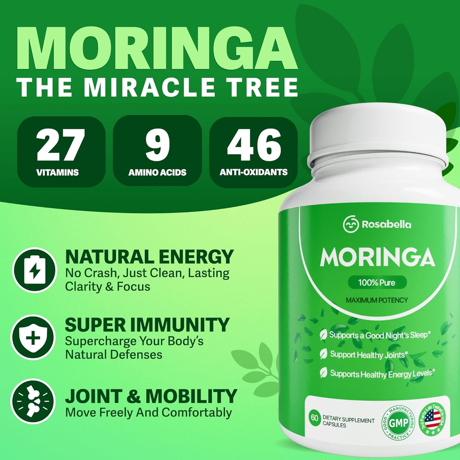 Rosabella Moringa Capsules - Pure Moringa Powder, Energy, Skin, Immune & Gut Health Superfood, Rich in Antioxidants, Essential Vitamins & Amino Acids, Natural Green Superfood Supplement - 60 Count