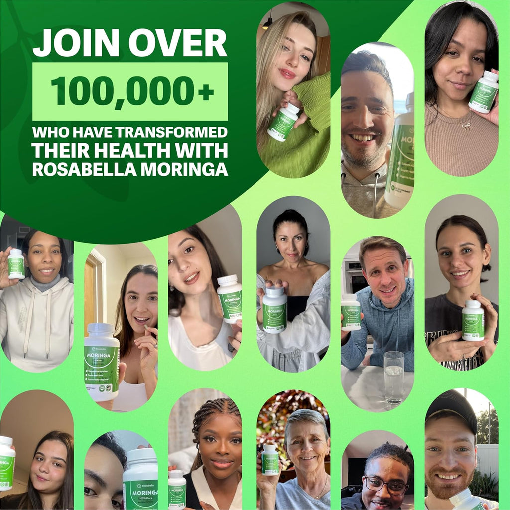 Rosabella Moringa Capsules - Pure Moringa Powder, Energy, Skin, Immune & Gut Health Superfood, Rich in Antioxidants, Essential Vitamins & Amino Acids, Natural Green Superfood Supplement - 60 Count