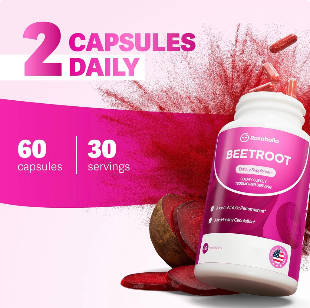 Rosabella Organic Beet Root Capsules - 1300mg Beet Root Powder Aids Healthy Circulation & Vitality, Non-GMO, Beet Root Supplement - 60 Capsules, 30-Day Supply