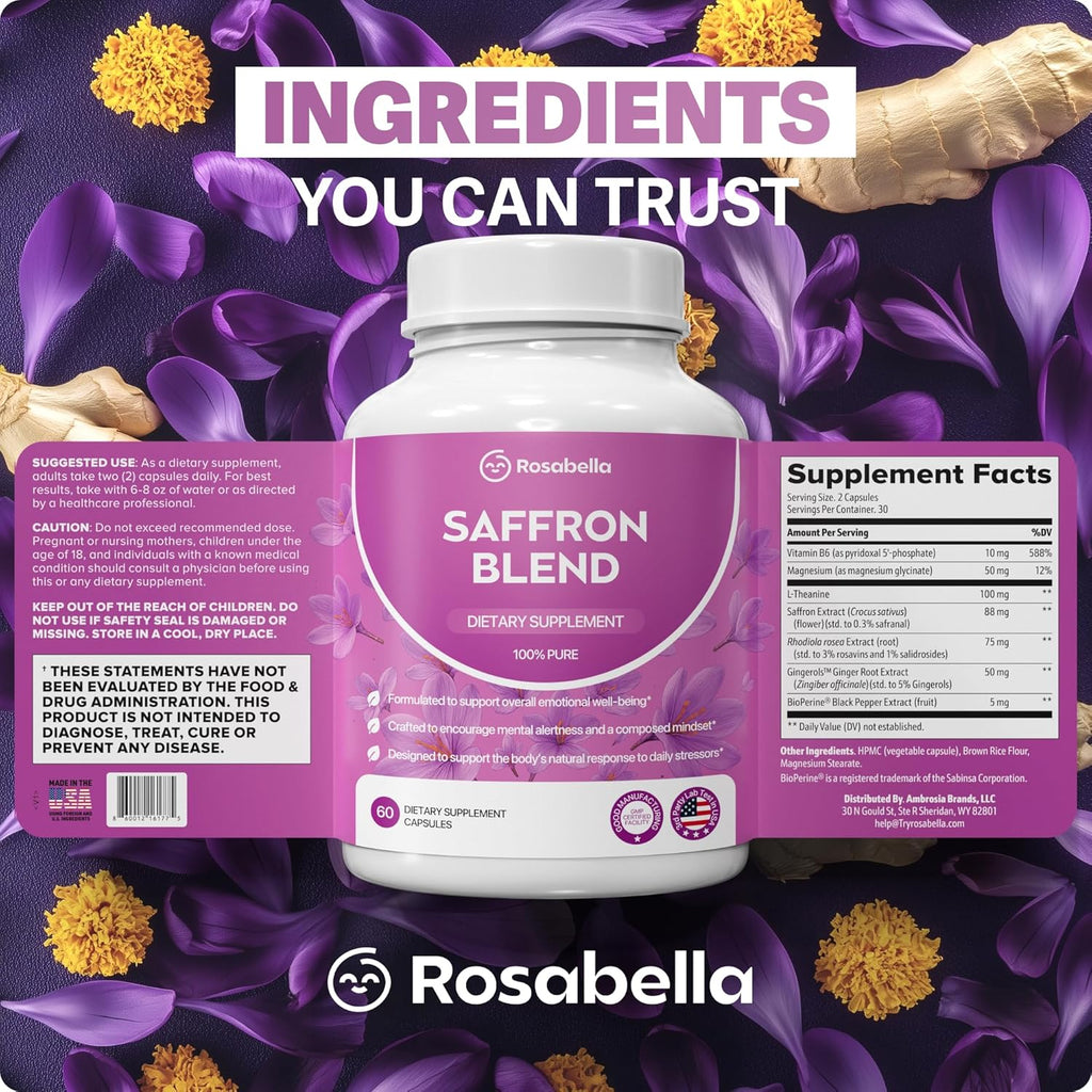 Rosabella Saffron Blend Supplement for Men & Women – Saffron, B6, Magnesium & Herbal Extract Capsules – Supports Mood, Focus & Clarity – Non-GMO, Gluten-Free – 60 Capsules – 30-Day Supply