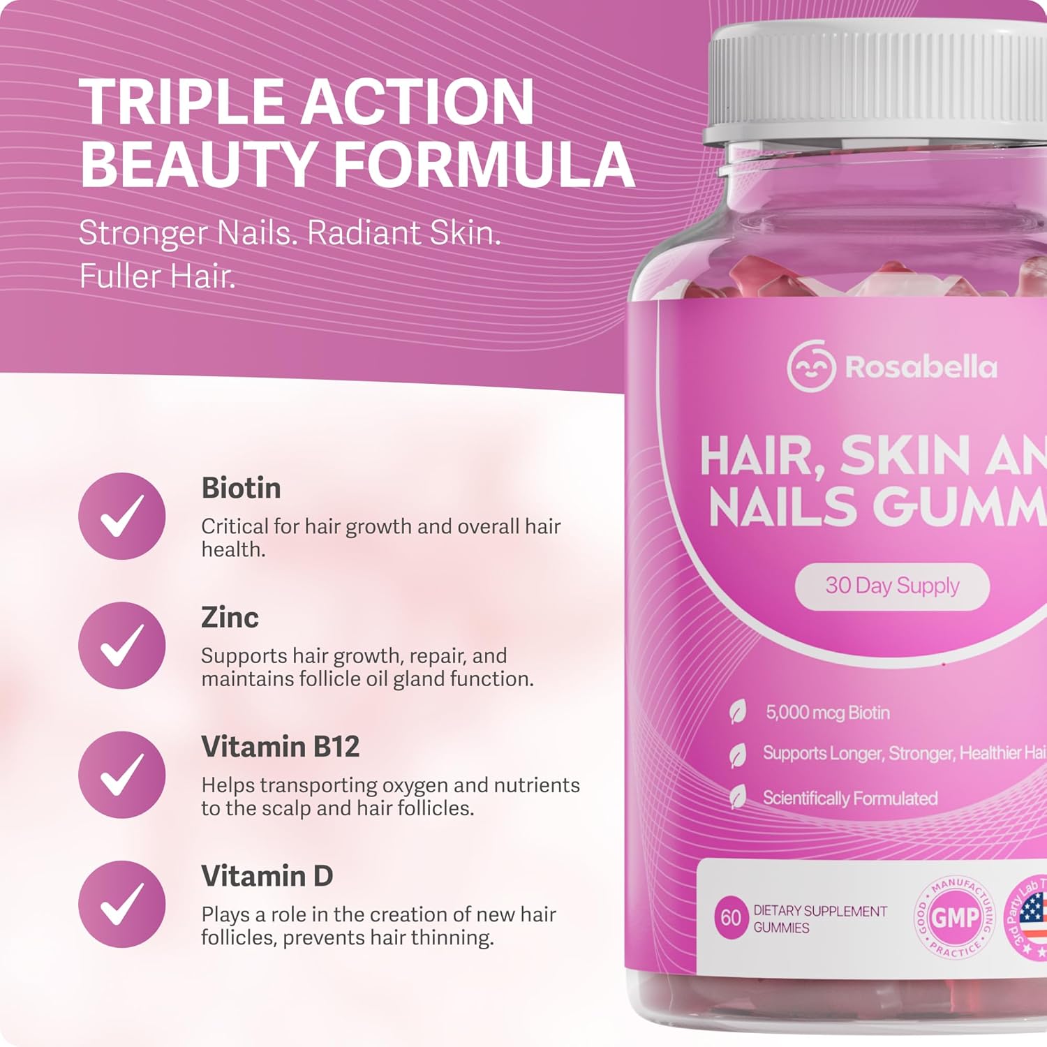 Rosabella Hair Growth Gummies for Women & Men – Vegan Hair Gummies with 5000mcg Biotin – Hair Vitamins for Strong, Healthy-Looking Hair – Gummy Biotin Supplement – 60 Count