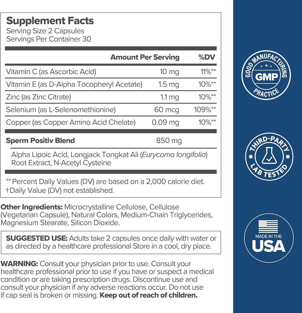 O Positiv Preggo Sperm Health Capsules for Men - OBGYN-Formulated for Improved Sperm Count & Motility with Tongkat Ali, NAC, Alpha Lipoic Acid – Male Reproductive Health, 60 Count (Pack of 1)