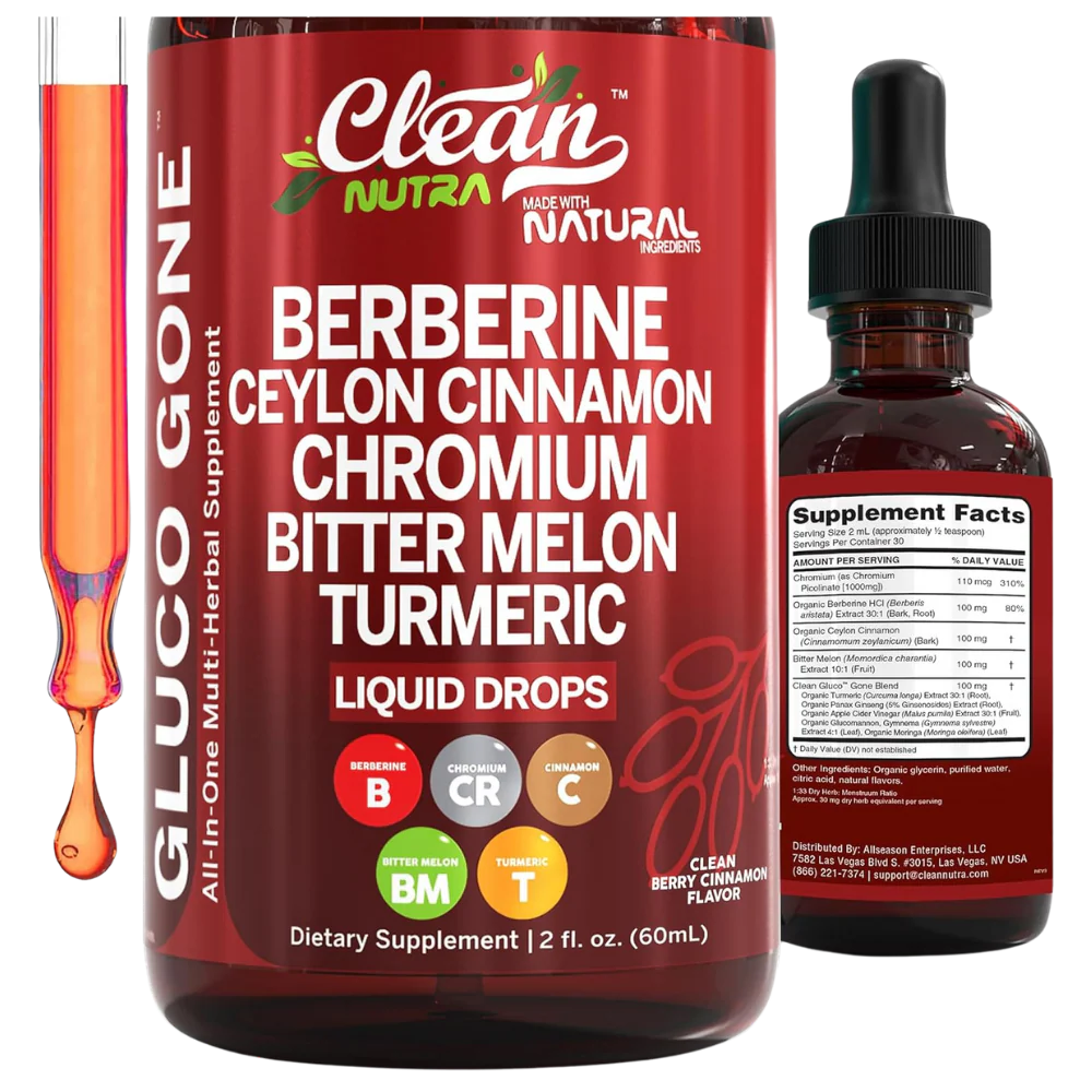 Clean Nutra Berberine with Ceylon Cinnamon Supplement Liquid Drops + Bitter Melon Extract, Glucomannan, Gymnema, Chromium, Turmeric, Organic Panax Ginseng, Moringa GLP-1 Support
